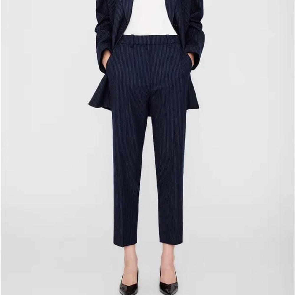 Anine Bing Blaine Trouser Pants in Navy Pinstripe Wool Blend NWT